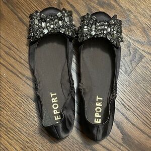 Report Black Satin Flats with Embellished Bow